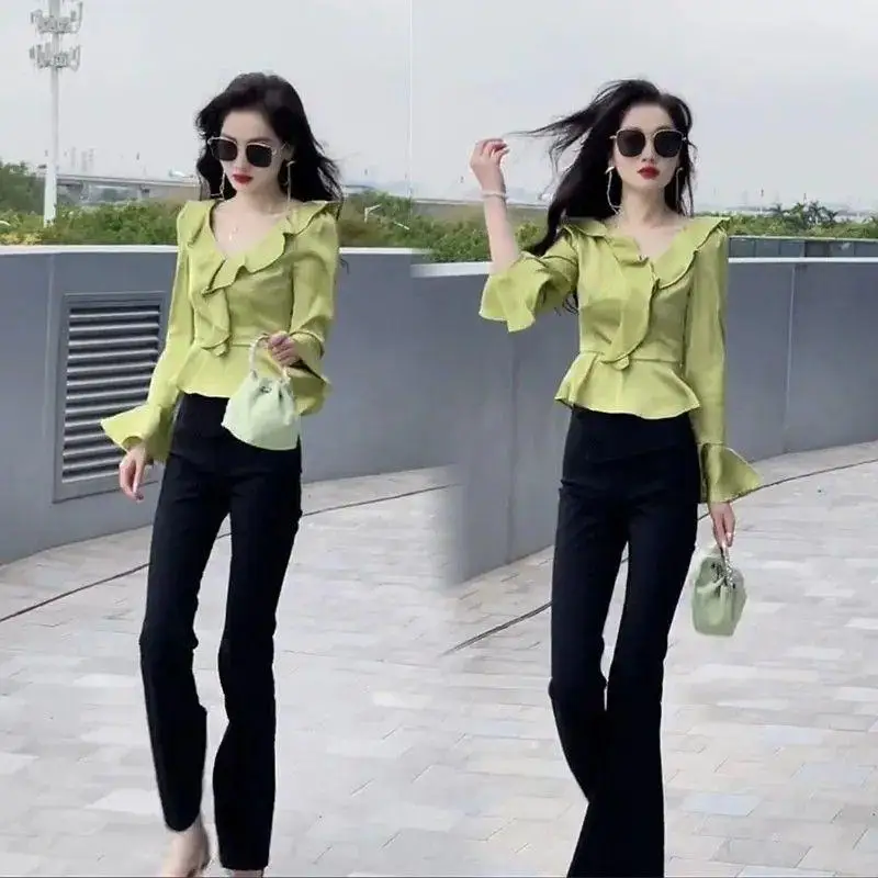 Elegant Fashion Set Women's High Waist Flared Pants Long Sleeve Shirt V-Neck High Quality Polyester Fiber Office Wear