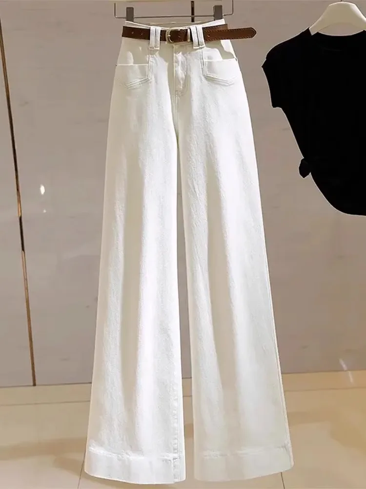 

Женские джинсы с высокой талией, широкими штанинами, свободного прямого кроя, эластичные, слегка расклешенные, длиной в пол, новинка весны, цвет абрикосовый