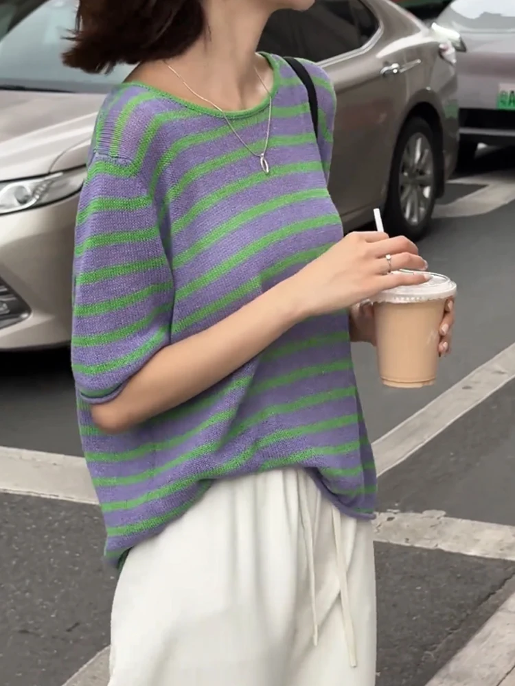 Camiseta holgada de punto transpirable coreana Sle a rayas ort Sve, camiseta moderna de verano, ropa superior de seda para mujer