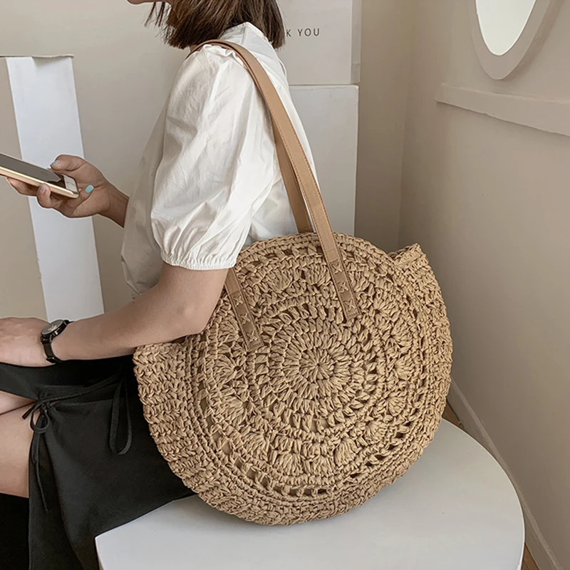 

Ladies Tote Bag Summer Straw Round Bags for Women Rattan Shoulder Bag Travel Handmade Woven Beach Bags Large Capacity