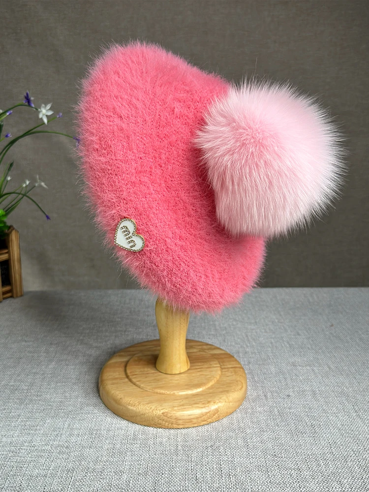 High quality New Natural fur pompom Berets hat for women Fashion casual winter Women Hat Girls Female Warm Walking Travel berets