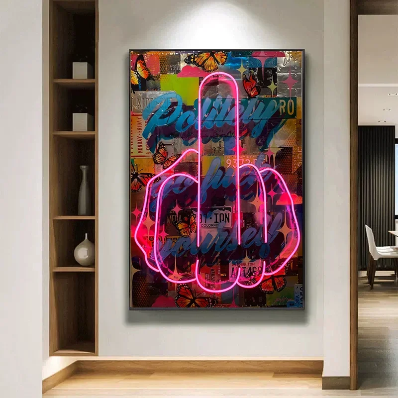 Classic Abstract Wall Art Neon Design Middle Finger Painting HD Canvas Printed Poster Home Living Room Bedroom Decoration