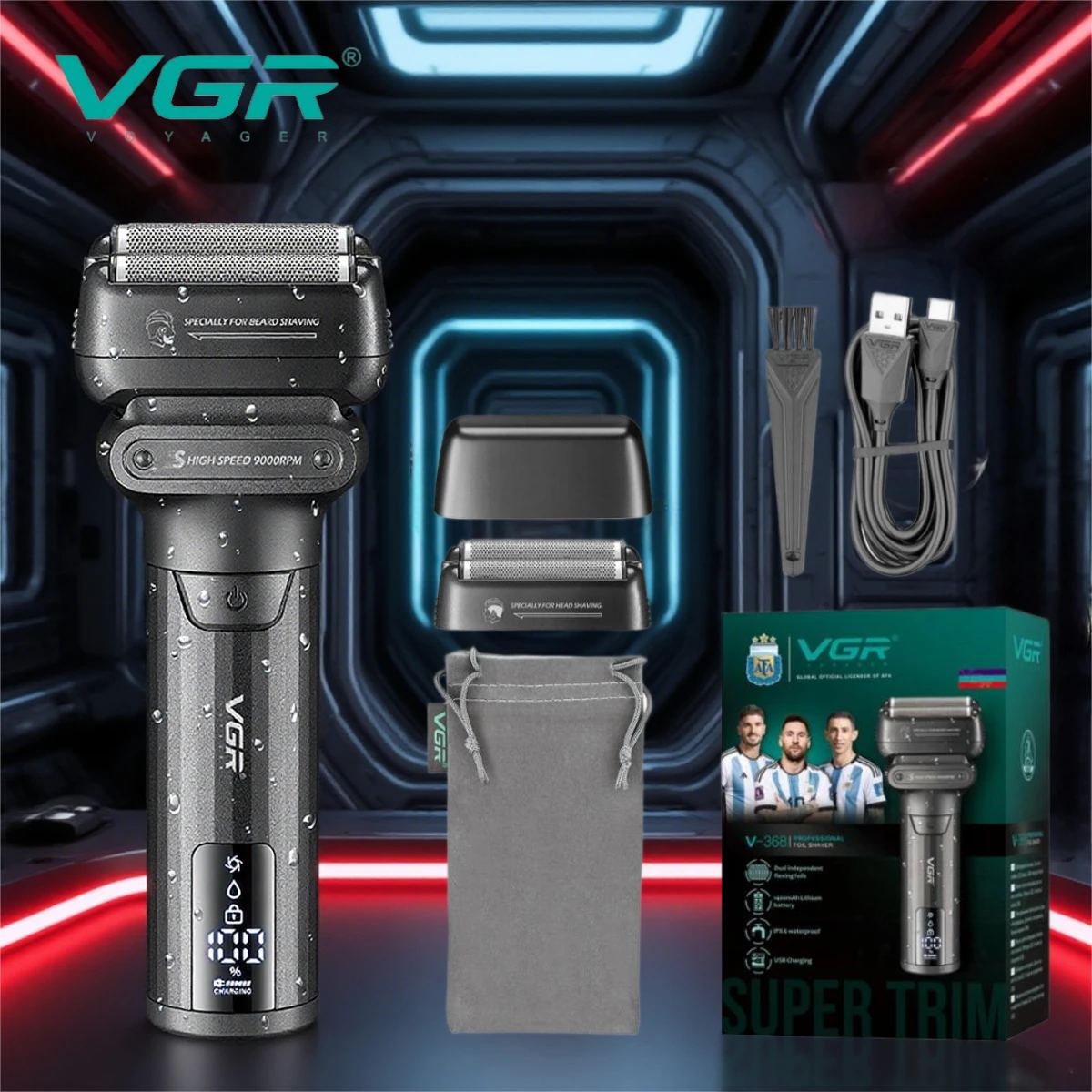 Rasoir professionnel étanche IPX6 VGR V-368, rasoir à grille 9000 tr/min, machine à raser électrique à mouvement alternatif pour hommes