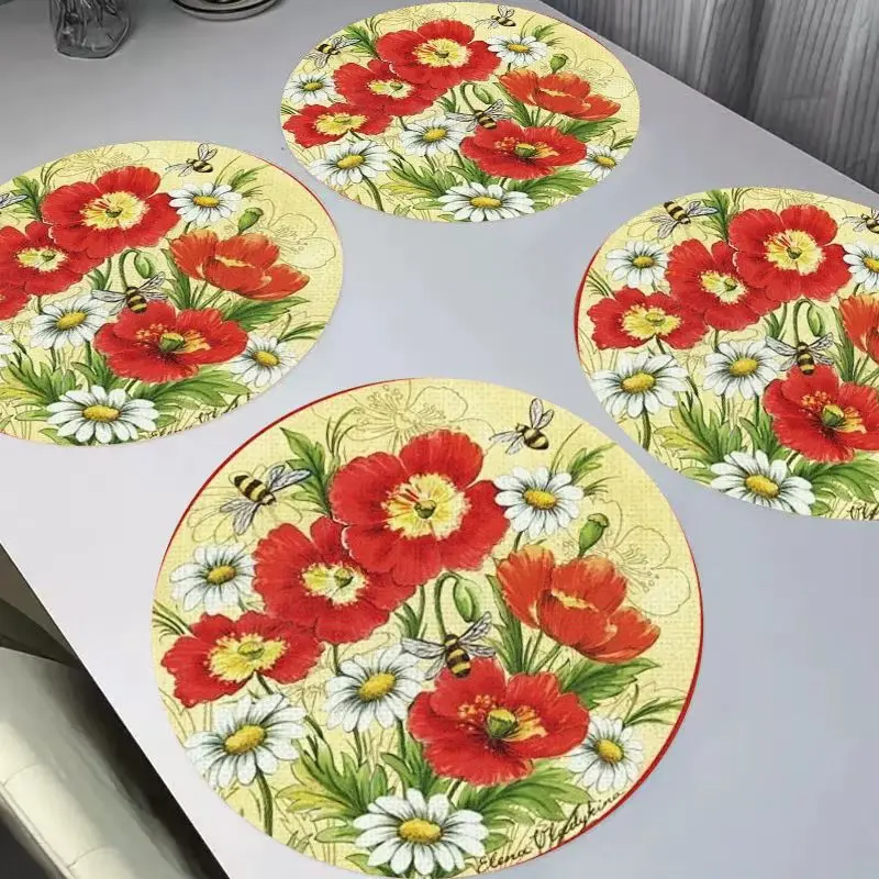 VIKAMA Tapis de table rond rétro style campagnard, motif fleurs de prunier, marguerites et abeilles, en lin, isolant, lavable, résistant à l'usure, décoration de table