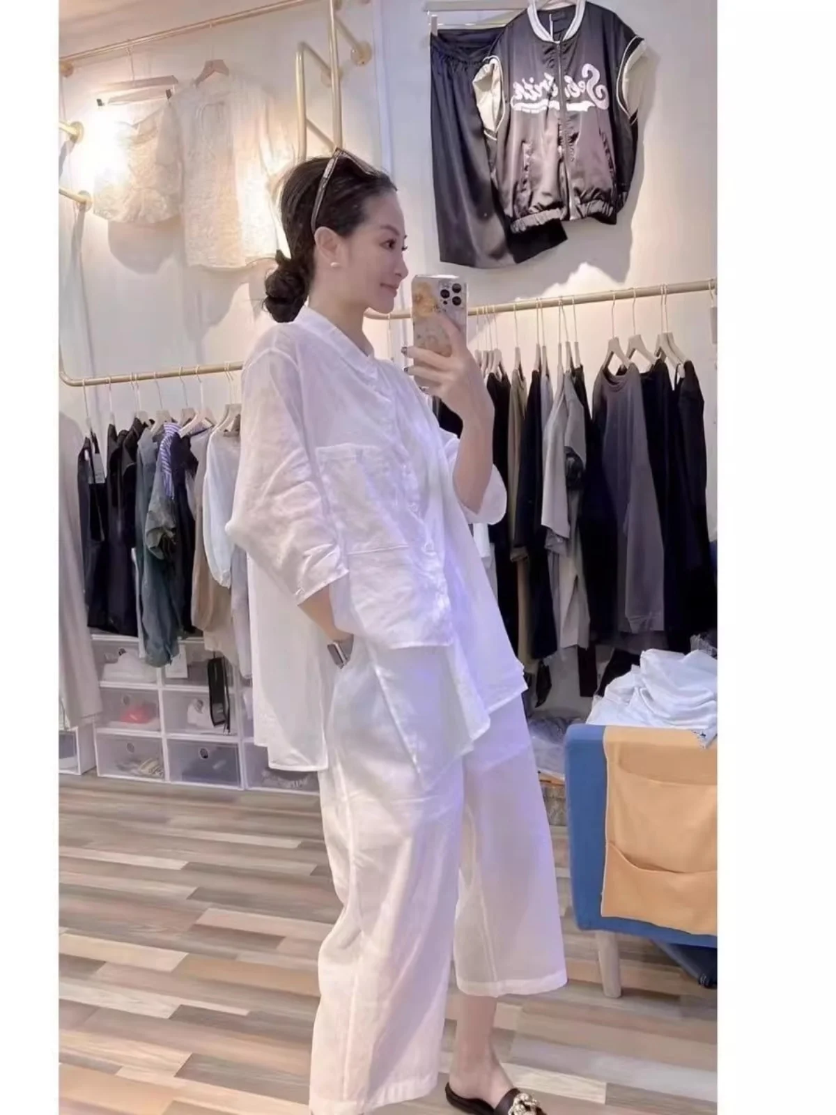 

Летний белый комплект из хлопкового льна, женский модный асимметричный дизайн Seven-Quarter Sve irt и брюки, комплект из двух предметов