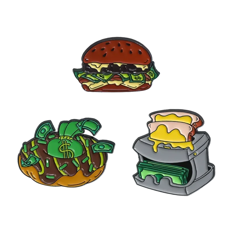 US Dollar Hamburger Money Bread Maker Enamel Pins Creative Delicious Food Brooch Lapel Hat Badges Funny Jewelry Gift for Friends