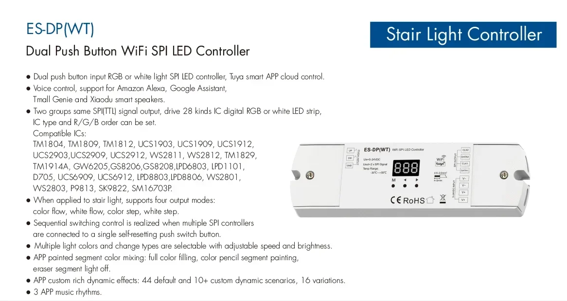 ES-DP(WT) Tuya Control WiFi SPI Dual Push Button Stair Light Controller DC5-24V for for WS2811/2812 SK9822 RGB/White Pixel Light