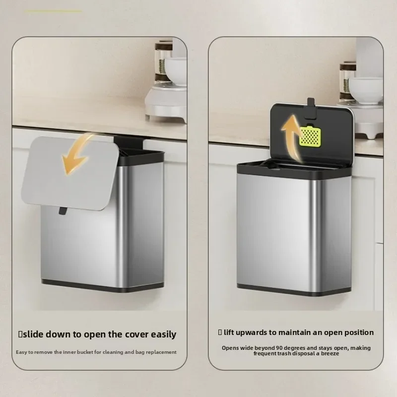 New Stainless Steel Trash Can for Kitchen Wall Mounted Garbage Bin Space Saving Under Sink Waste Basket Rustproof Hanging Bucket