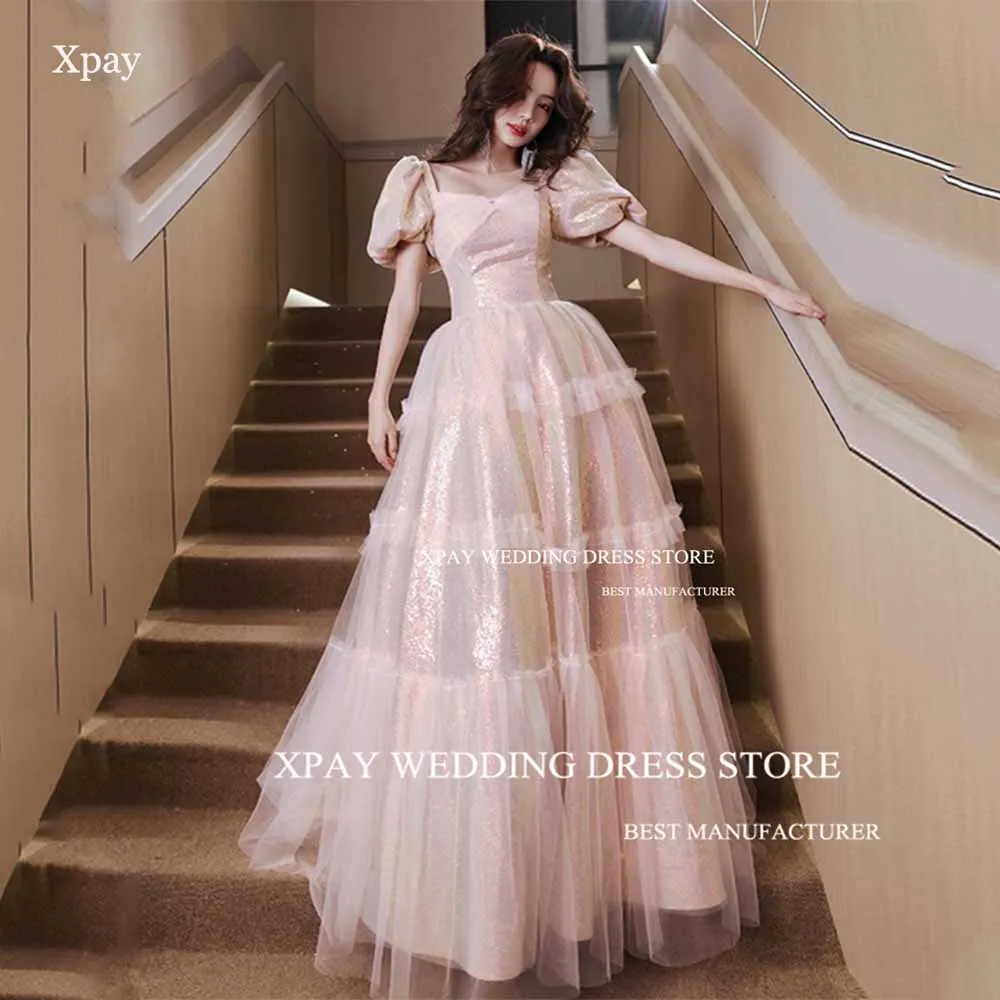 

XPAY Sweetheart Pink A Line Korea Evening Dresses Short Sleeve Formal Prom Gown Photo Shoot Sparkly Tiered Glitter Party Dress