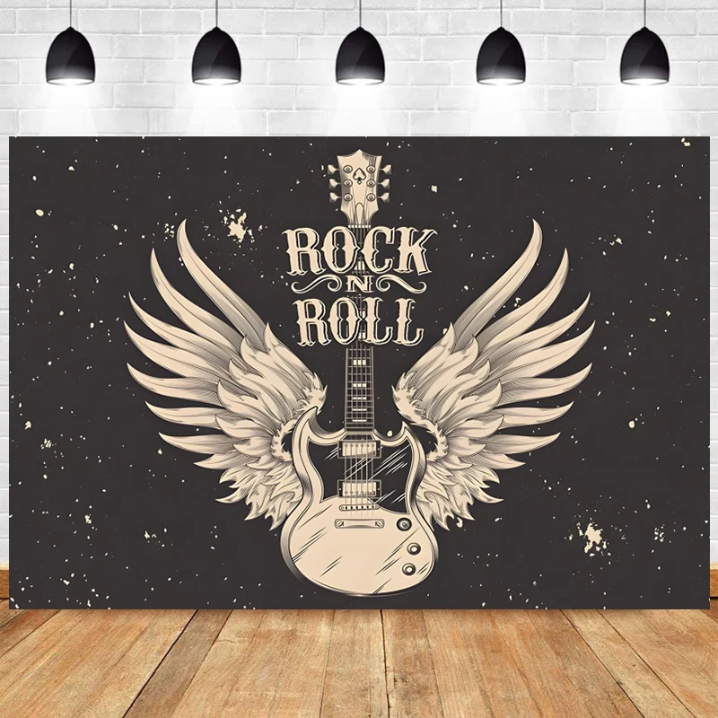 

Rock and Roll Backdrop Banner Happy Birthday Rock Star Party Decorations Disco Music Guitar Wings Photo Background Photography