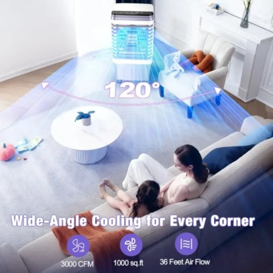 Portable Air Conditioner for home kitchen bedroom use, plastic housing, white, 3000 CFM cooling capacity with 6.87 gal water ta