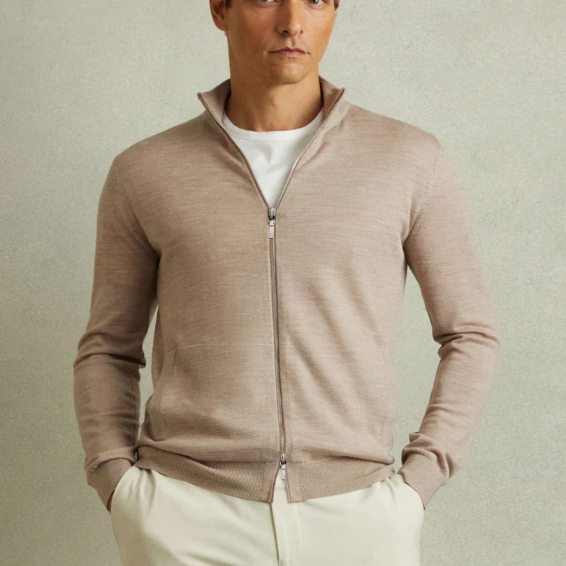 

Merino Wool Knitted Cardigan Coat for Men Pilot Sle Double Zipper Open Design Casual Warm Outerwear