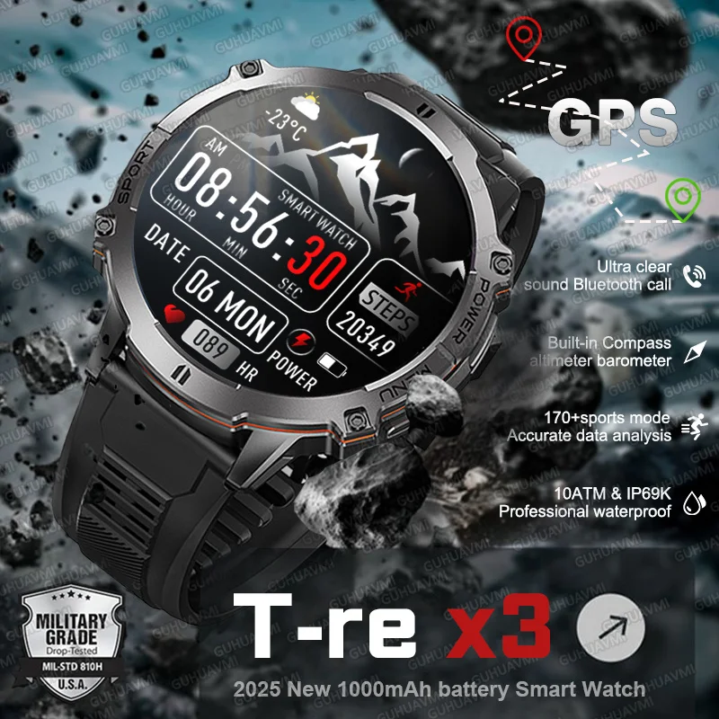 

New T-Rex 3 Military Smart Watch 1.73inch AMOLED 10ATM waterproof 1000mAh Battery Compass GPS Altimeter Sports Call Smartwatch