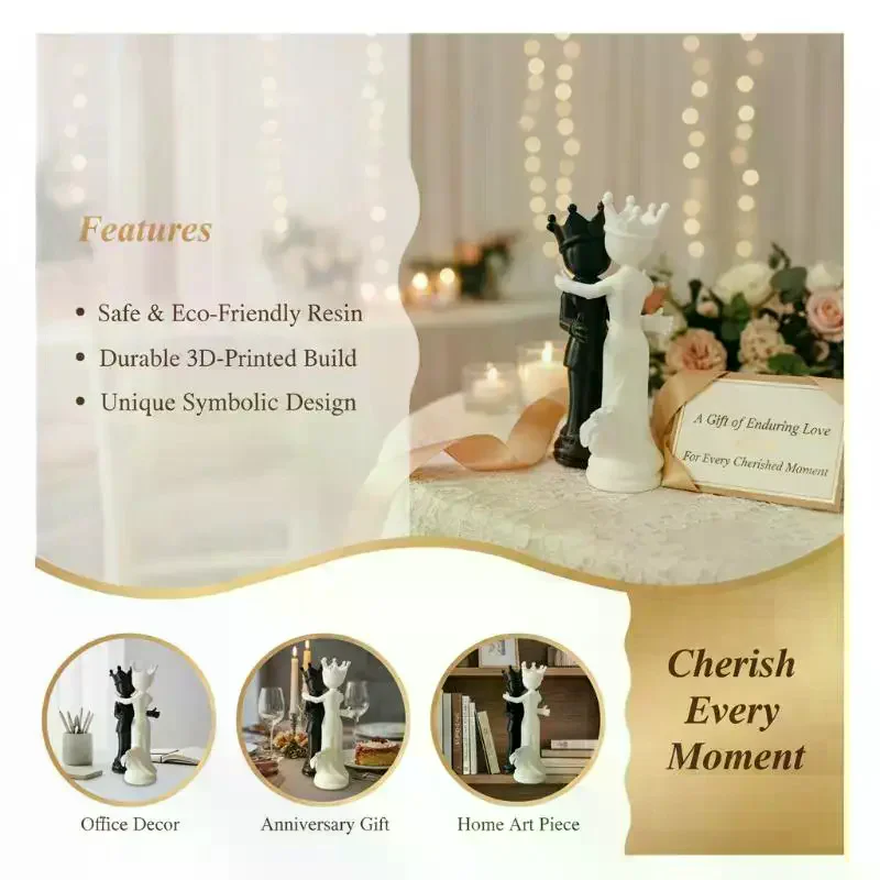 3D Printed Chess Statue Sculpture: King Queen Couple Figurine Decor Desktop Wedding Anniversary Gift