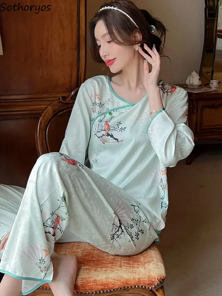 Chinese Style Printed Pajama Sets Women Loose S-4XL Vintage Leisure Designed Elegant Ladies New Spring Sleepwear Thin Chic Home