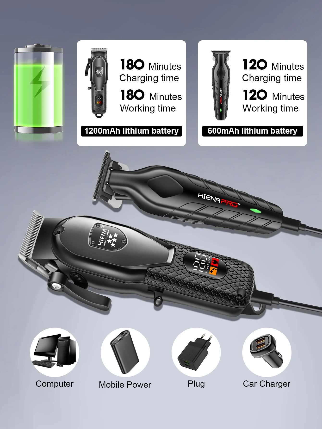 HIENA 2 Pieces Hair Trimmer For Man Waterproof Electric Hair Clippers Set Barber Shop Home