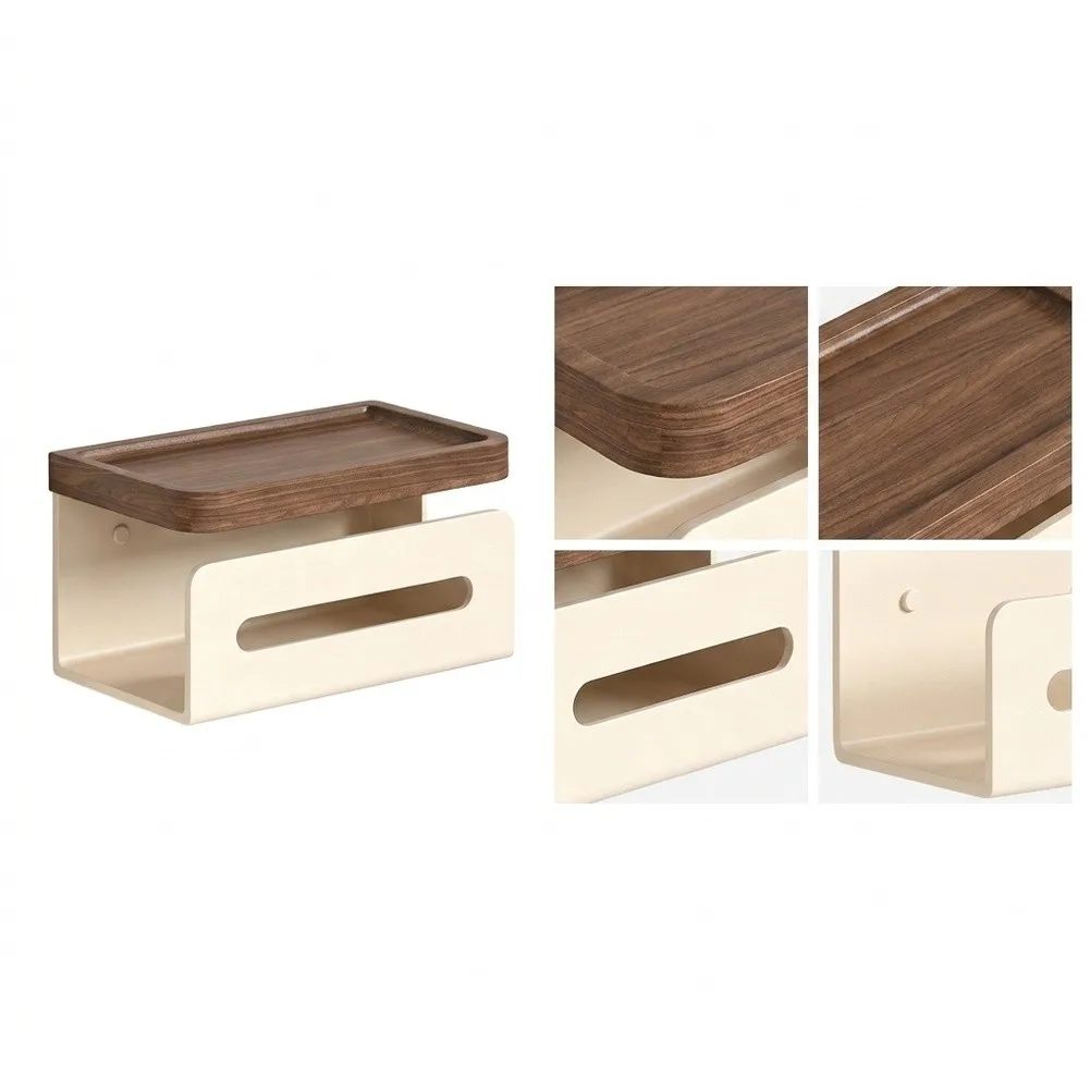 Toilet Paper Holder with Walnut Wood Shelf for Standard Rolls Face Towels and Daily Essentials Modern Space Aluminum Design