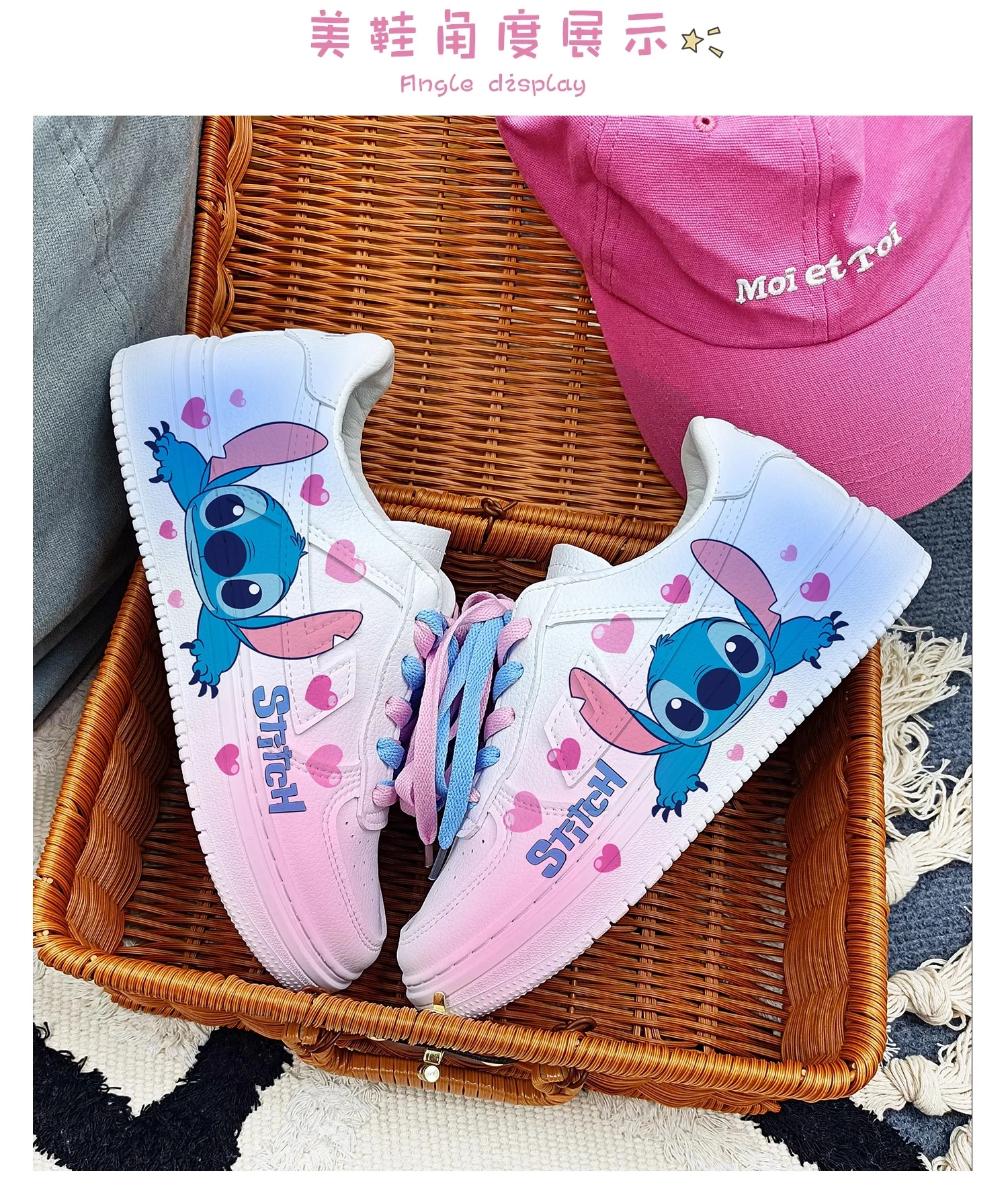 

Genuine warior Stich Women'S Board Shoes Stitch Animated Cartoon Hand-Painted Couple Shoes Summer White Versatile Sports Shoes