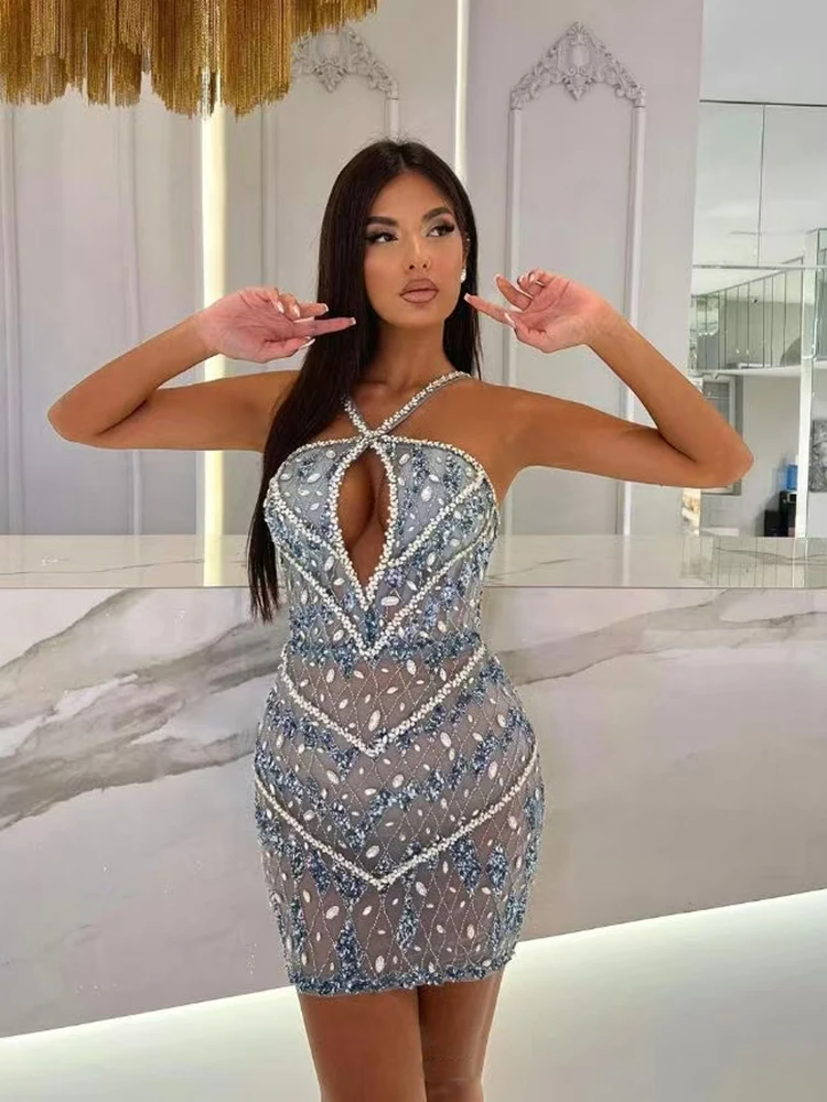 فستان VC Dazzling مزين بالترتر والكريستال بدون أكمام بتصميم قصير لحفلات الموضة والمناسبات