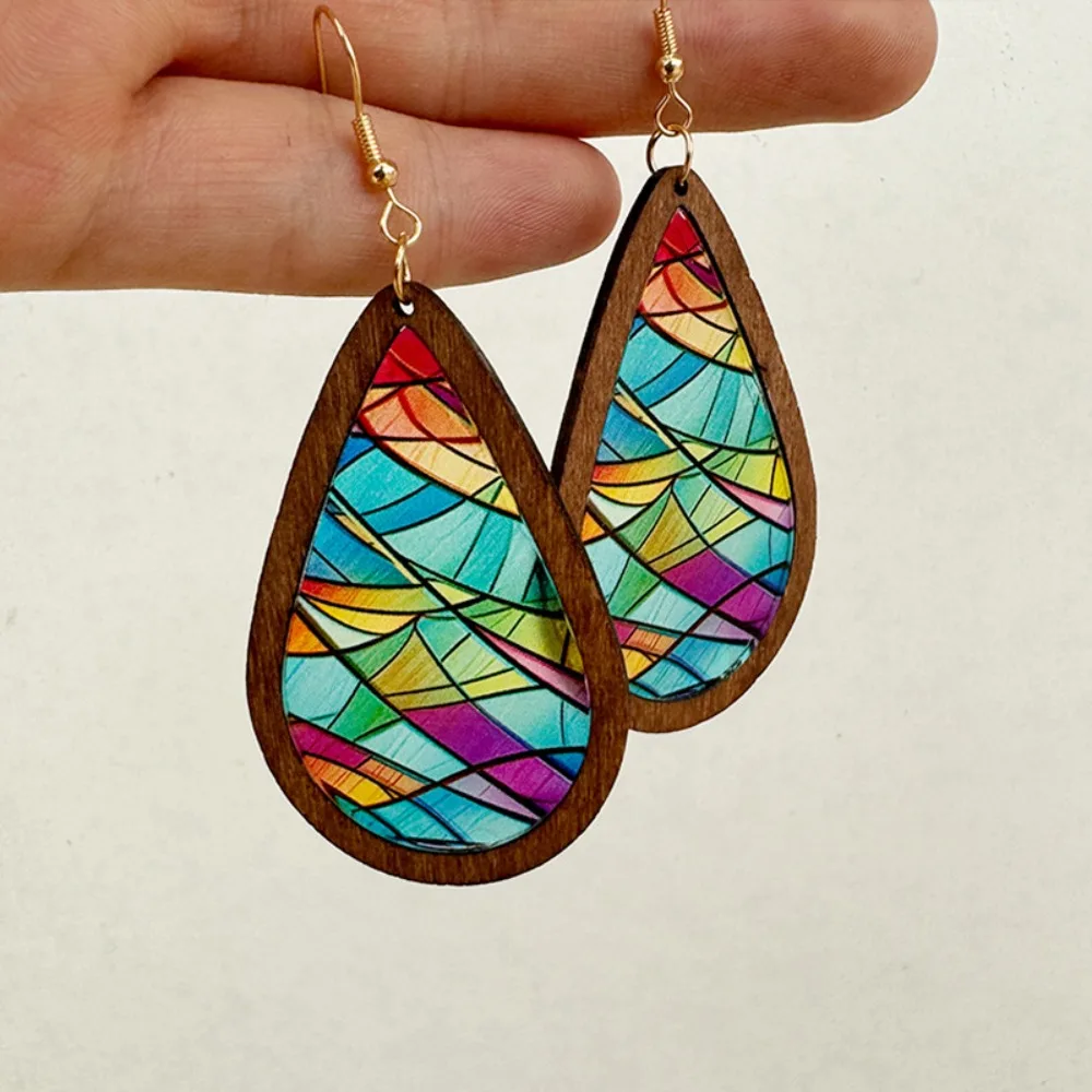 Kaleidoscope Pattern Mosaic Stained Earrings Bright Vintage Colorful Statement Earrings Church Printed Wood Water Drop Earrings