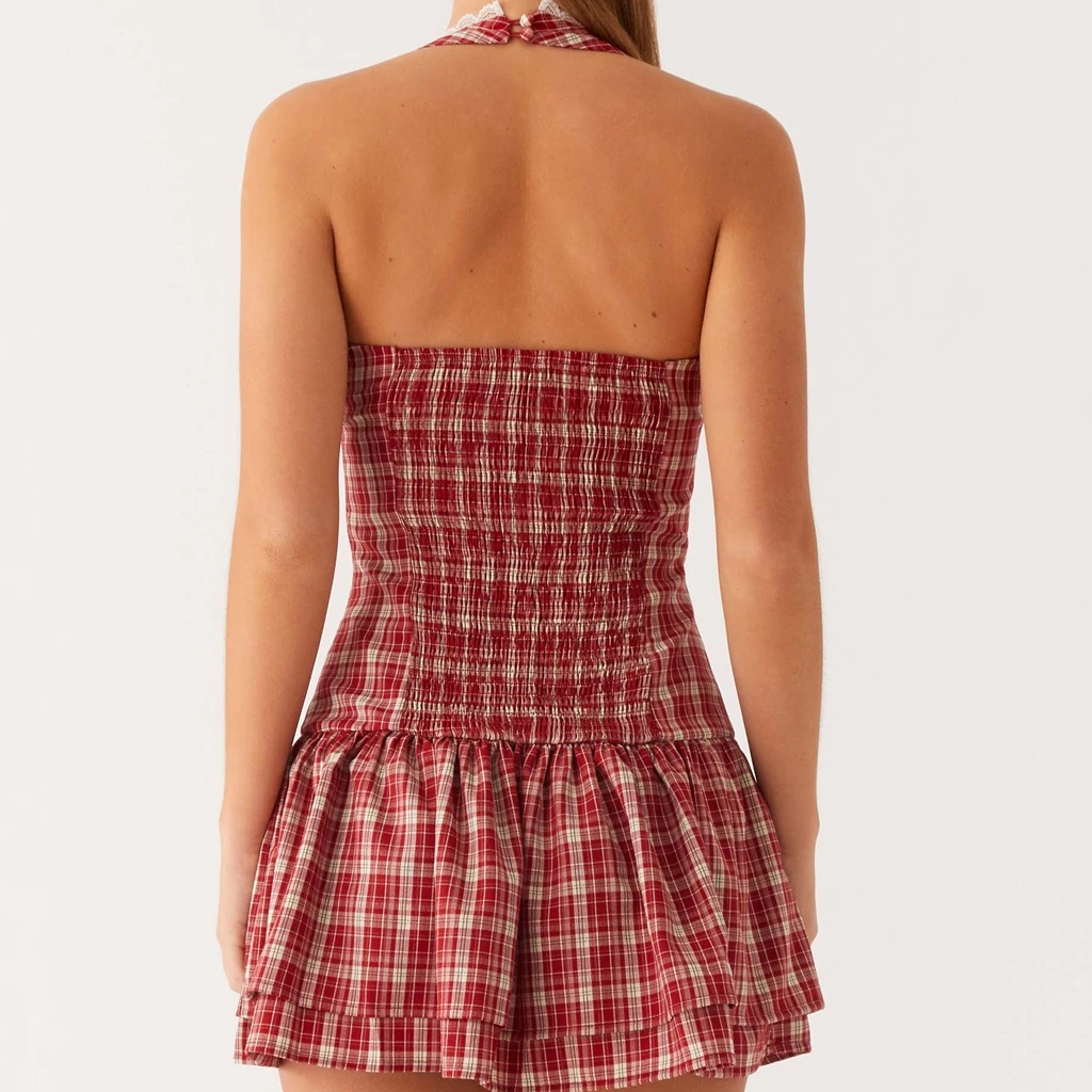 فستان نسائي قصير برقبة رسن ومرقعة من الدانتيل، فستان كاجوال بدون أكمام منقوش بدون ظهر، فساتين ريترو