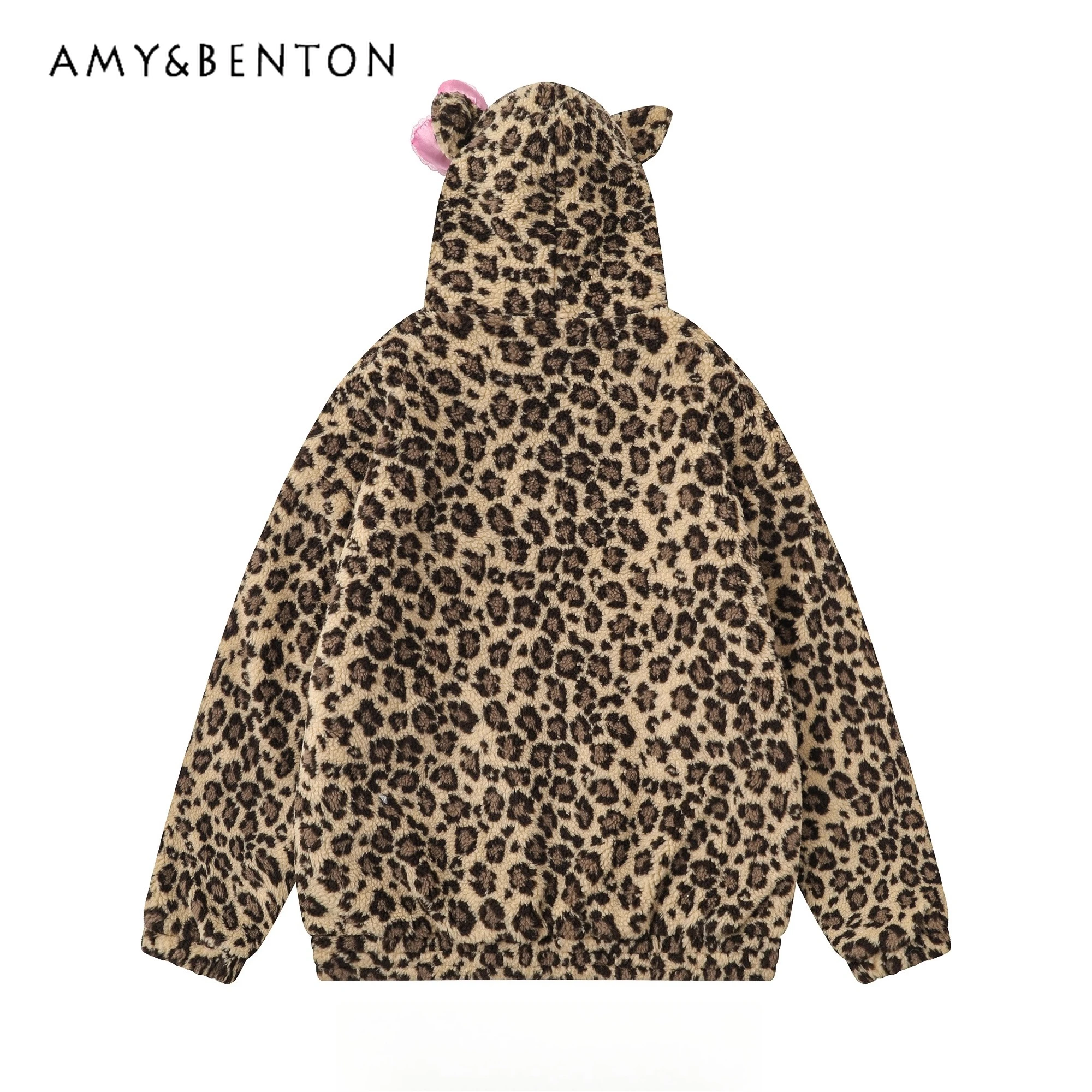 

2025 Autumn and Winter New Hot Sale Women's Retro Style Leopard Print Bow Loose Casual Daily Lamb Wool Hooded Coat