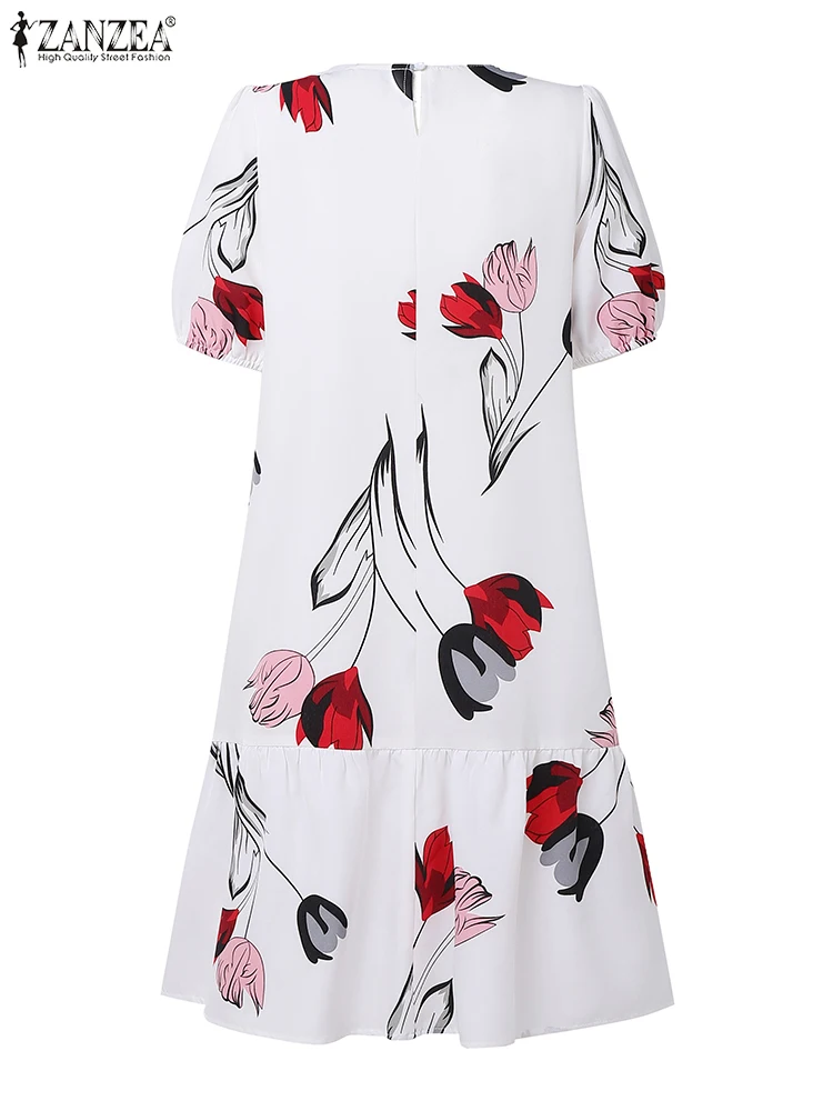 فساتين نسائية أنيقة مُزينة بطباعة 2025 ZANZEA فستان مناسبات صيفي غير رسمي برقبة دائرية للعمل بطول الركبة فستان صيفي أنيق للحفلات