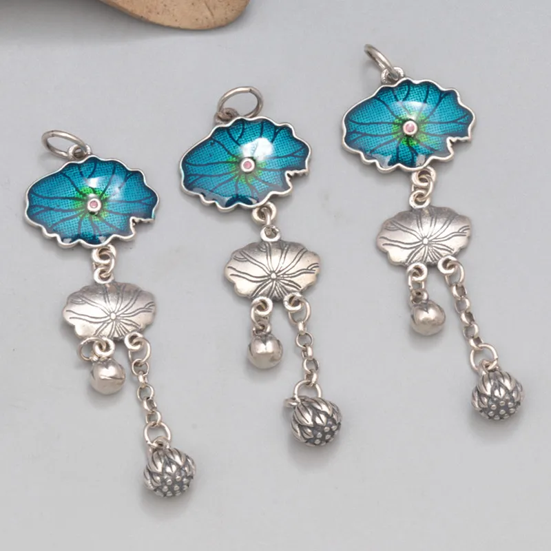 

S925 pure silver lotus leaf tassel silver long charm pendant DIY material