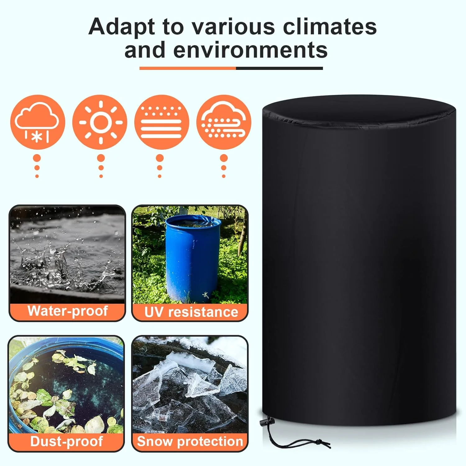 55 Gallon Drum Cover Waterproof UV Protection Dustproof Outdoor Water Storage Barrel Cover with Drawstring Rain Snow Resistant