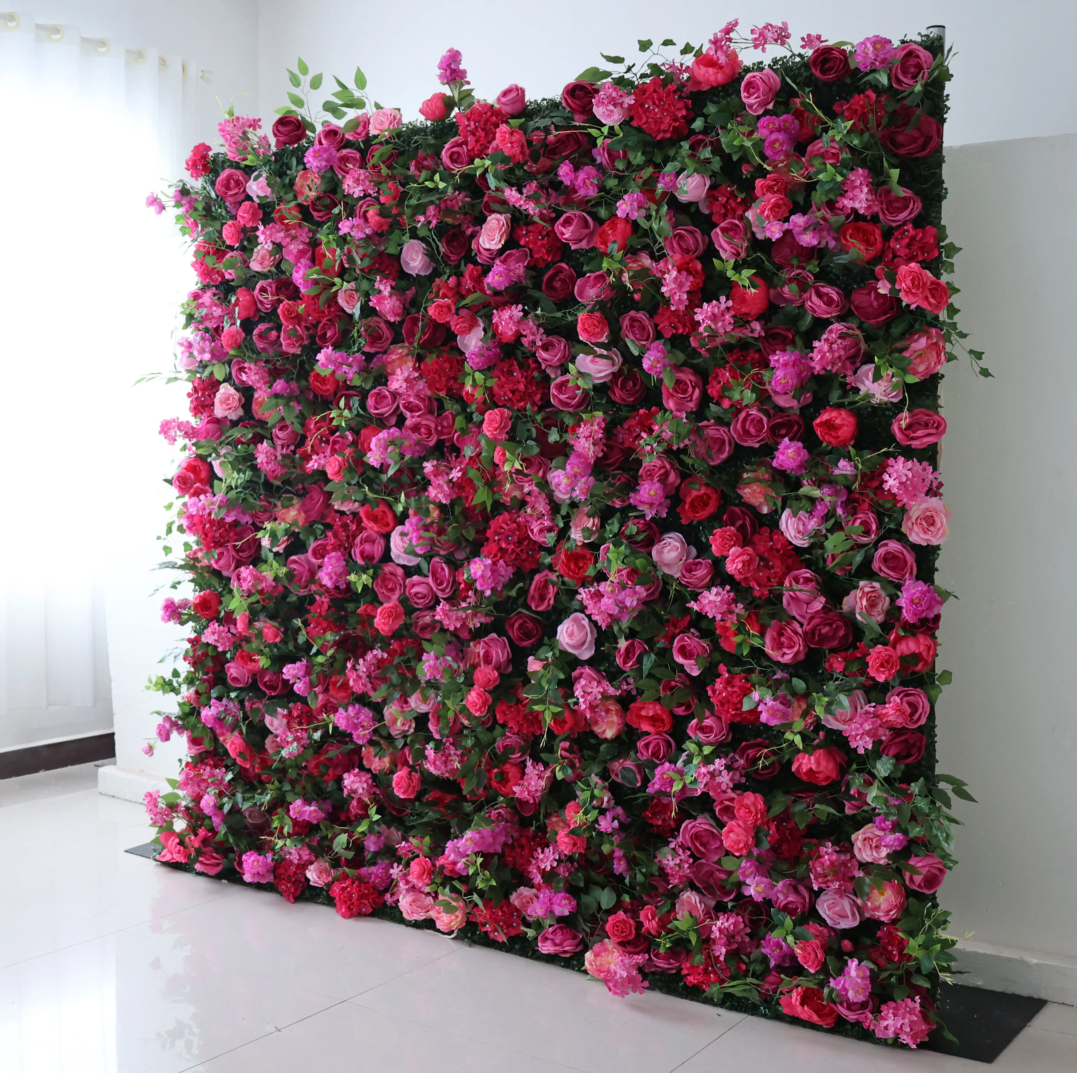 YuLiFlower Custom  Artificial Wedding Decor Flower Panel Backdrop Wall Event Fabric Plastic Wall Rose Silk Roll Up Flower Wall