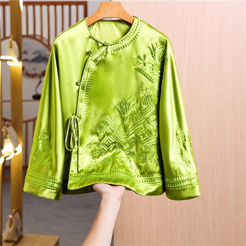 Acetate Satin Embroidery Spring New O-Neck Top Chinese Style Single Breasted Contrast Color Long-Sleeved Lady Jacket S-XL