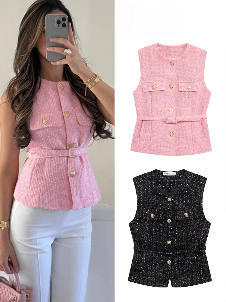 

HH летний женский шикарный топ с маленьким вкусом, модный твидовый пояс, элегантный женский однобортный жилет без рукавов, уличная одежда