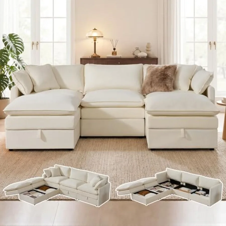 

Modular Sofa with Storage, - Sectiona Cod Coch, Oversized Fabric Couch with Movable Ottoman, 5 Seat Modern Deep Seat Sofa for L