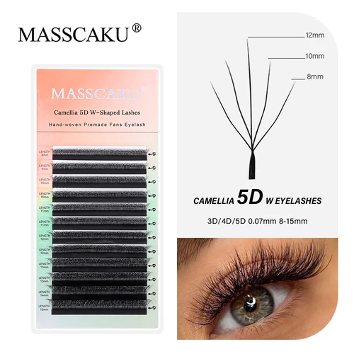 MASSCAKU 12 filas Camelia 3D W pestañas estilo W pestañas suaves naturales floración automática ventiladores prefabricados extensiones de pestañas