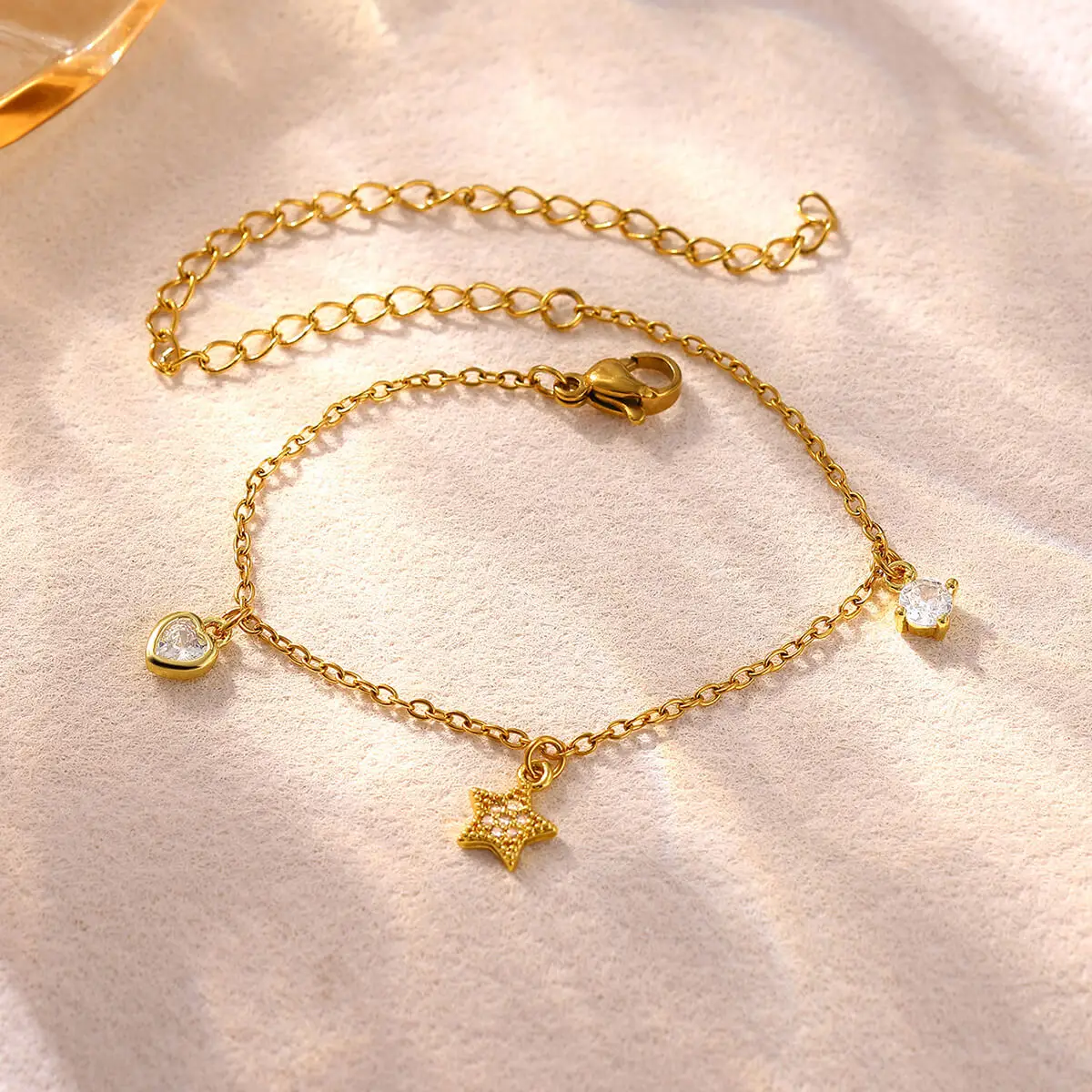 Zircon Star Anklets For Women Gold Coloe Stainless Steel Heart Star Pedant Chain Anklet Summer Jewelry Barefoot Chain Accessorie