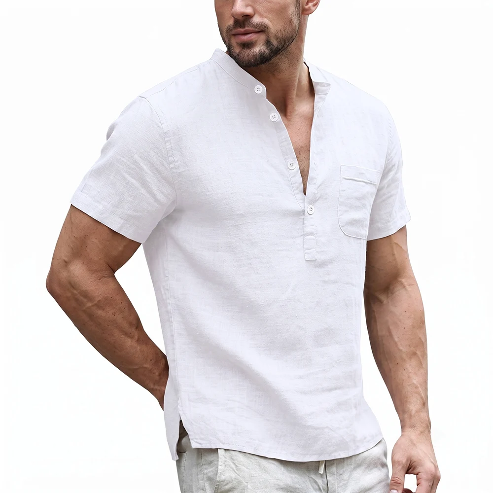 Men's Cotton Linen Henley Shirt Summer Short Sleeve Stand Collar Casual Solid Shirts Loose Breathable Beach Top