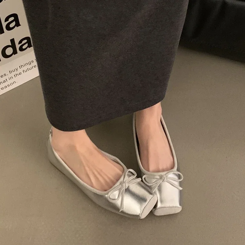 Bow Summer Marie Janes Shoes 2024 Women Square Toe Casual Flats Ballet Shoes New Fashion Brand Dress Soft Sole Femme Zapatillas