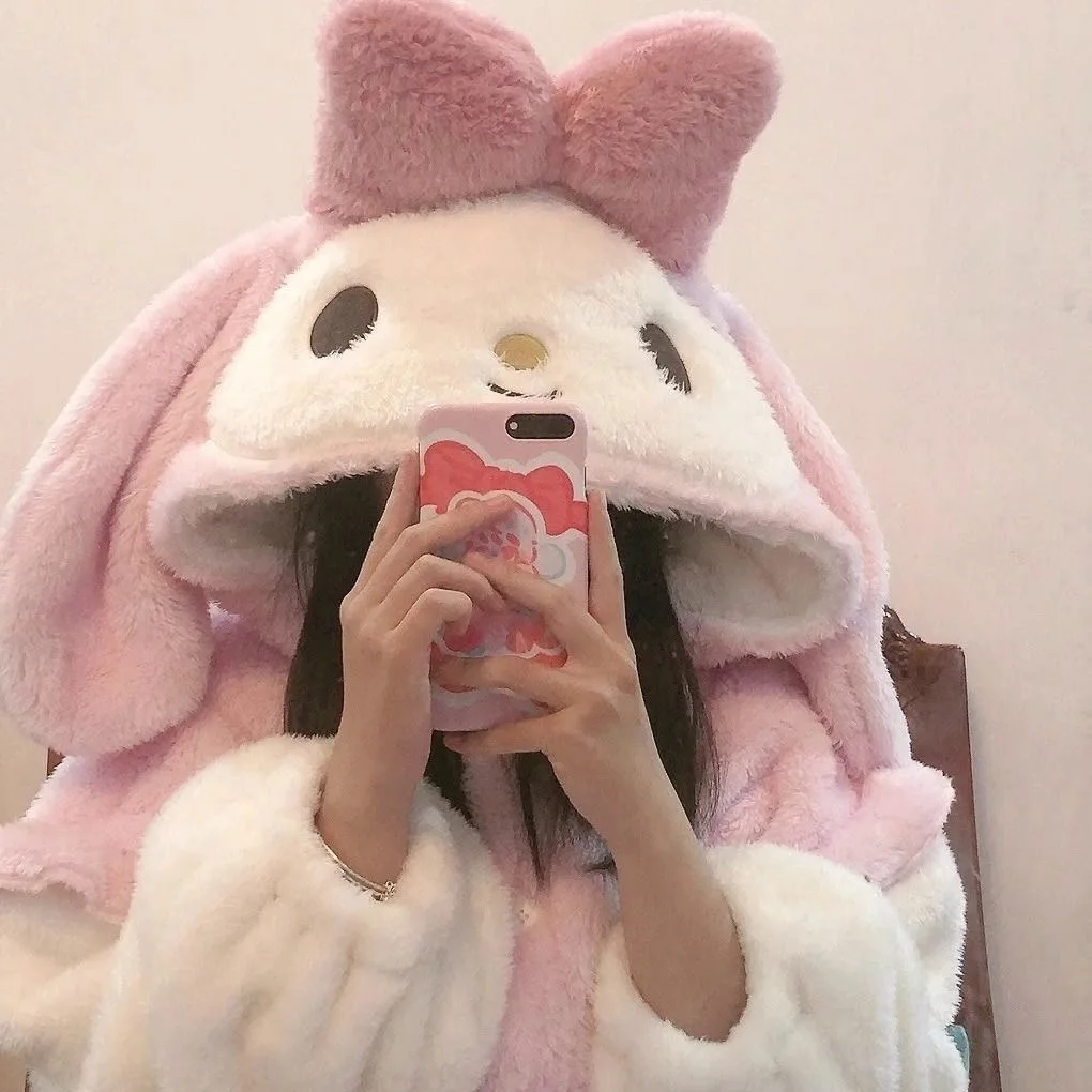 Autumn and winter new cute rabbit hooded pajamas coral velvet fun cartoon women\'s pajamas set thickened robe nightgown