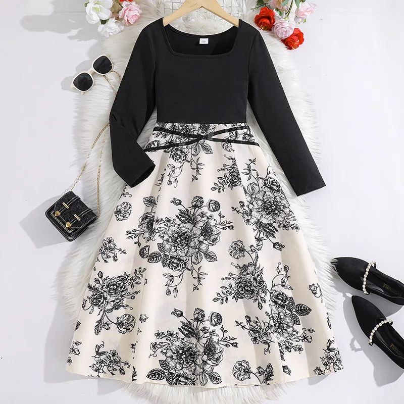 

2025 Новое зимнее платье для девочек с длинным рукавом и круглым вырезом в стиле пэчворк с цветочным принтом, черное милое дизайнерское платье принцессы для девочек, Vestido 12 месяцев-4 года