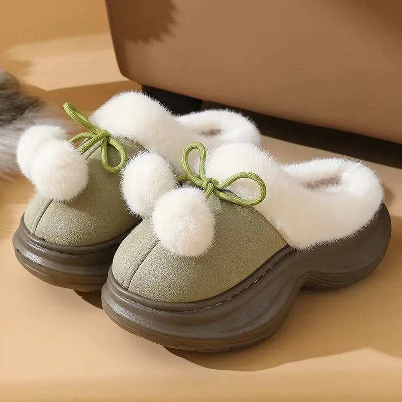 2025 Women Plush Warm Cotton Slippers Winter Ball 6cm Thick Bottom Cotton Shoes Female Outdoor Cotton Shoes Soft Home Slippers