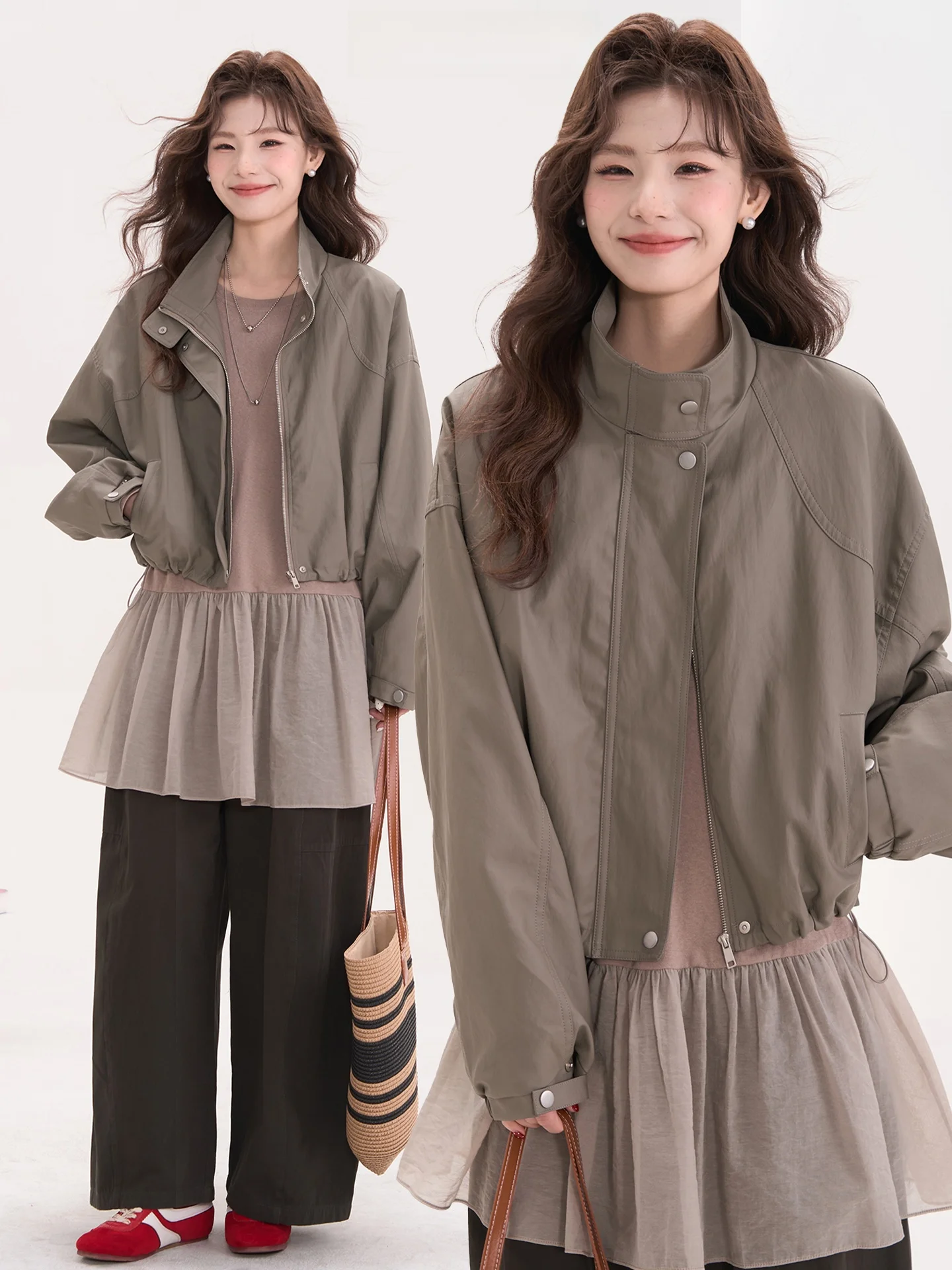 

Oat Latte Early Spring High-End Feelings Women's ort Jaet Stand Collar Leather Coat Casual Loose Fit Long Sve Zipper