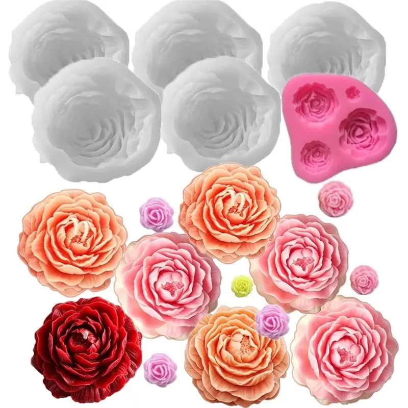 WORTHOWN-Peony Silicone Candle Mold Small Peony 2.83In & Triple Rose Silicone Molds, For Handmade Candle Soap Decor
