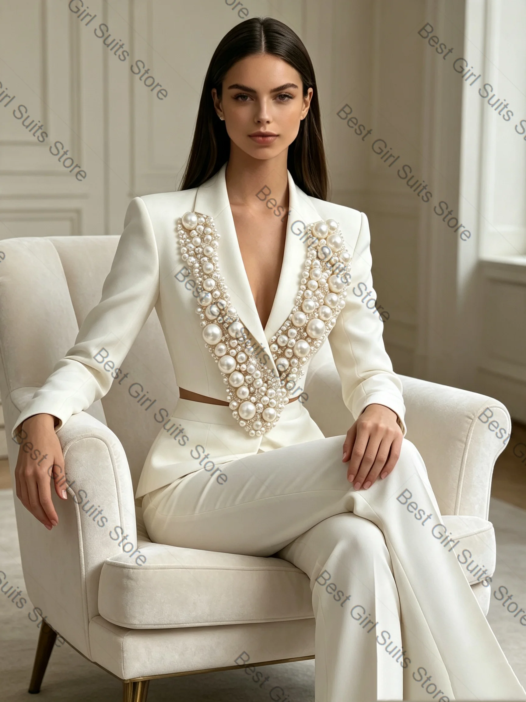 Pearls White Wedding Women Suit Set 2 Pcs Sexy Blazer Pants Summer Spring Formal Office Lady Jacket Customized Bridal  Coat