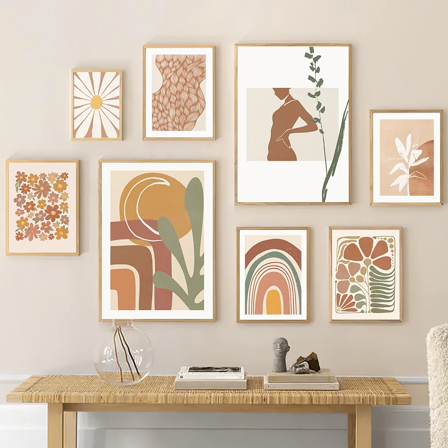 Boho Minimalist Sun Rainbow Flower Leaves Wall Art Canvas Painting Abstract Nordic Posters Prints Pictures For Living Room Decor
