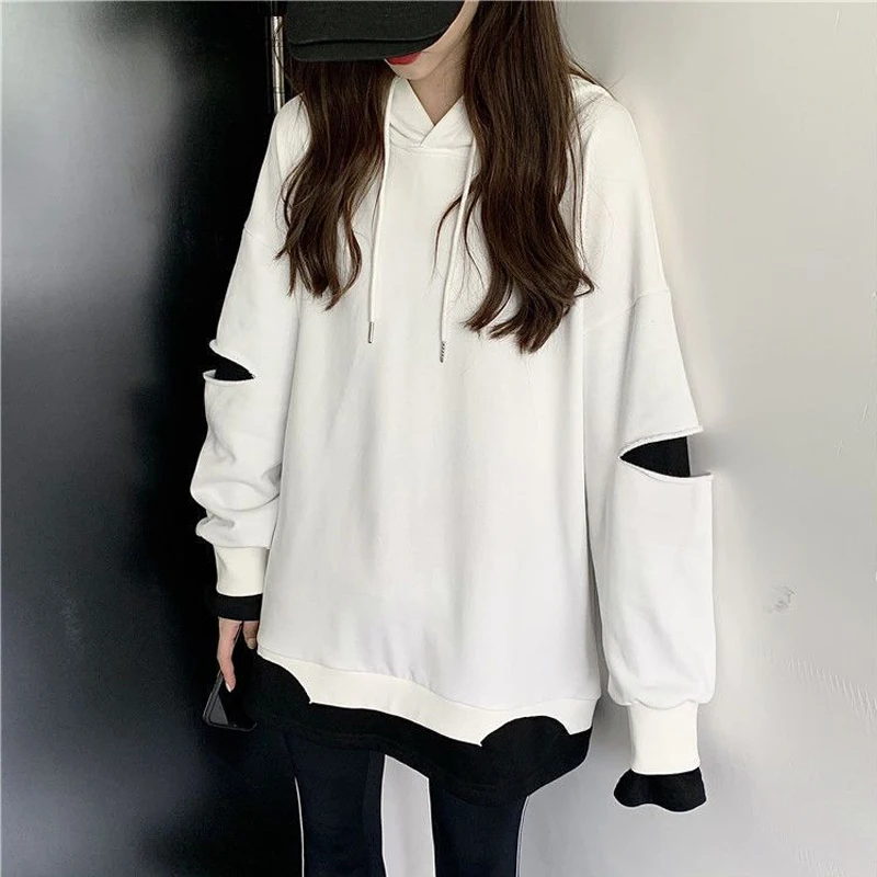 Autumn New Contrast Lazy Style Fake Two Piece Top Hoodies Long Sleeve Loose Patchwork Pullovers Casual Fashion Women Clothing