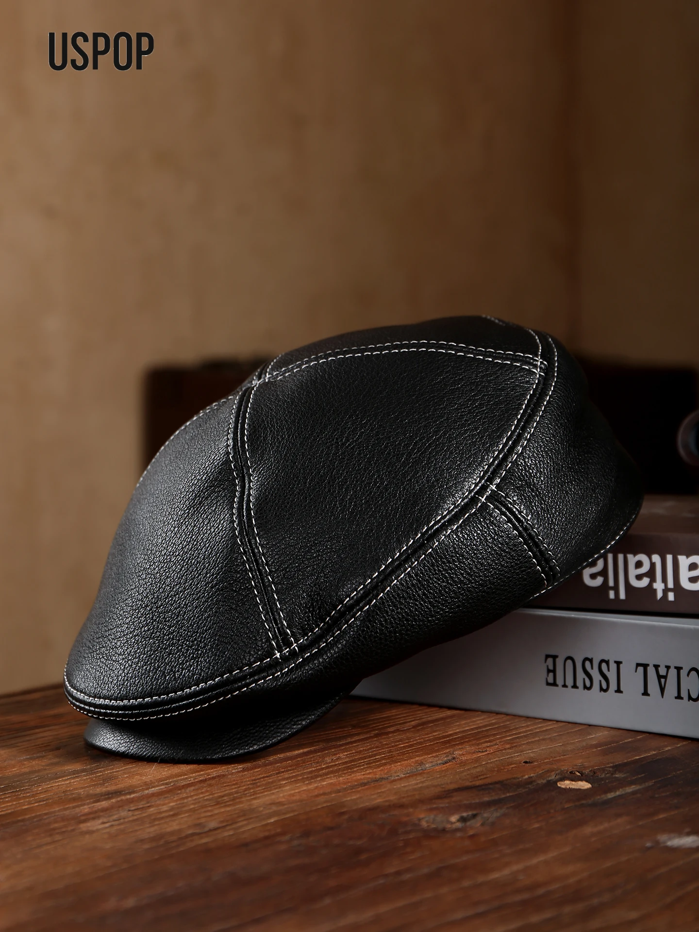 USPOP Premium Genuine Leather Flat Cap for Men, Handmade Stitched Ivy Hat, Luxury Vintage Driving Newsboy Cap