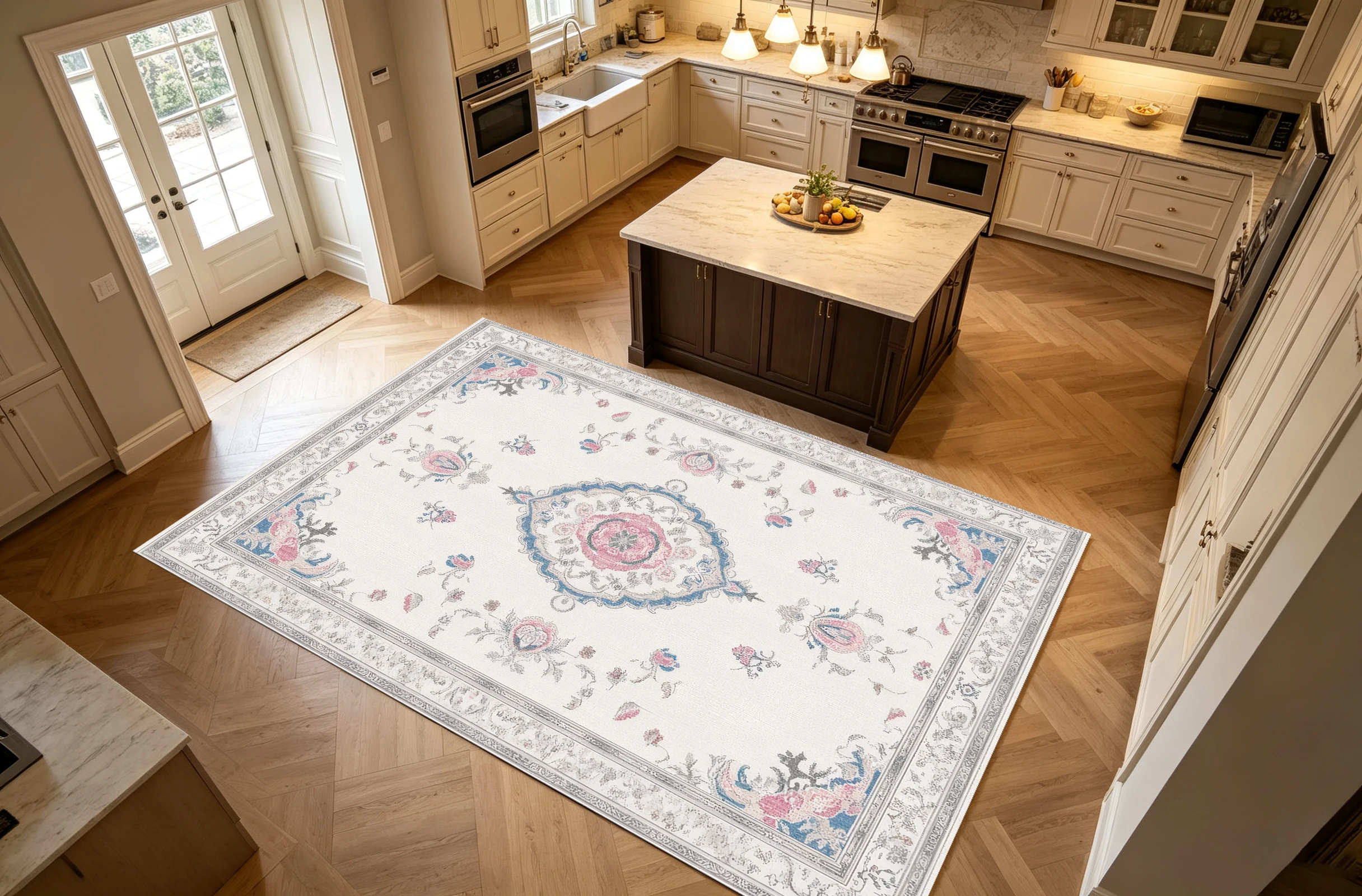 2D Large Rug in Milky White, Pink, and Blue, with a French Retro Floral Pattern, Has a Soft Touch and Is Suitable for Living