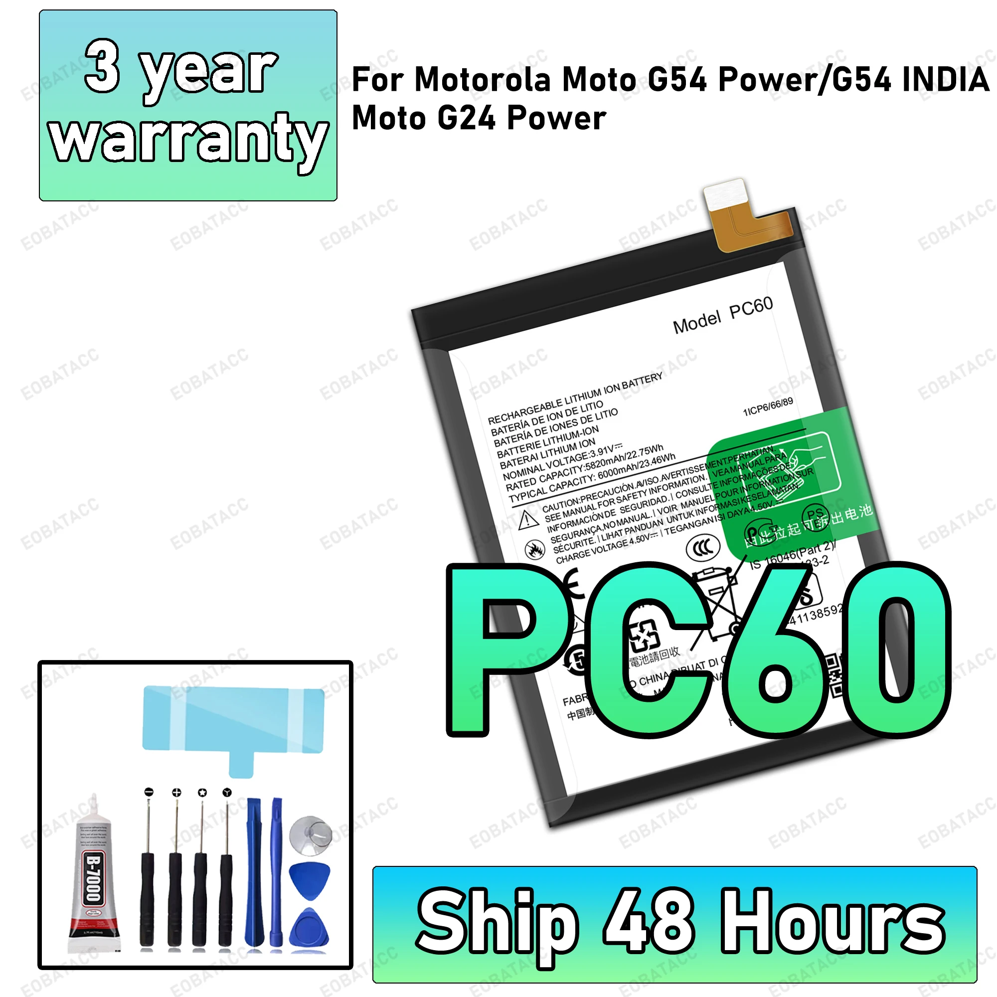 

100% New High Quanlity PC60 6000mAh Battery For Motorola MOTO G24 G54 5G /G54 Power 5G phone Replacement Batteries Batteria