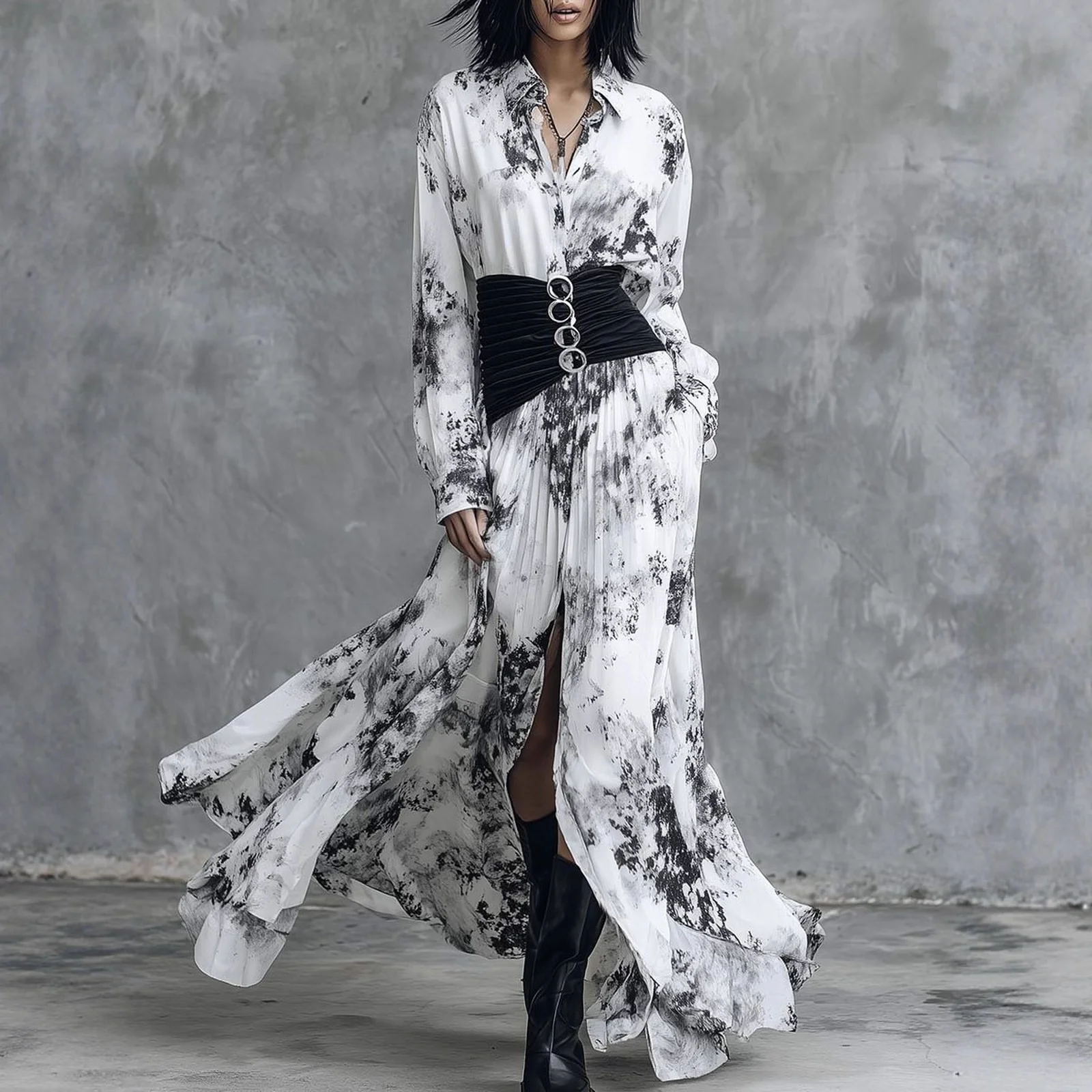 Robe chic à col en V, ceinture, taille froncée, robe maxi fluide à volants, robe chemise à rayures, fente latérale, accent métallique, robe décontractée tendance