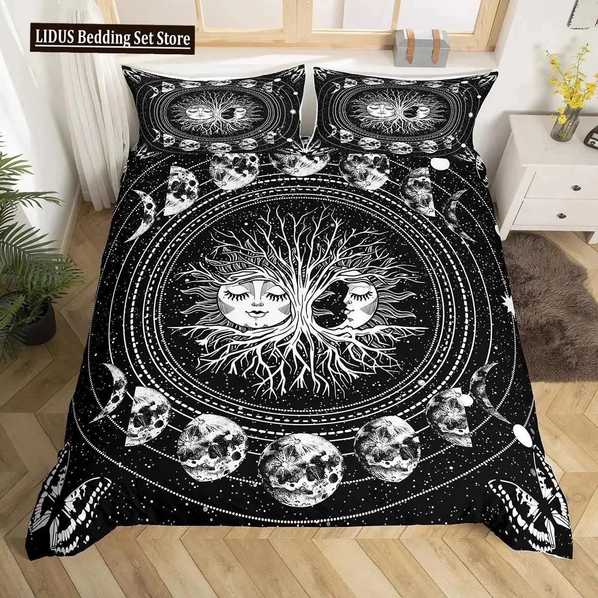 Mandala Duvet Cover Set Sun And Moon Comforter Cover Ties Exotic Style Black And White Botanical Floral Polyester Bedding Set